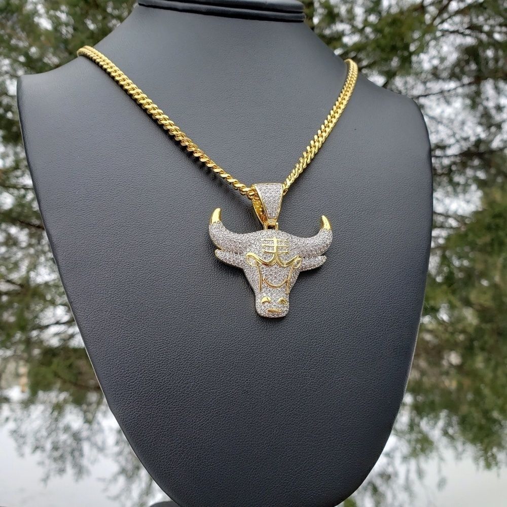 14k GP Simulated Diamond Bull Necklace - Picture 4 of 4